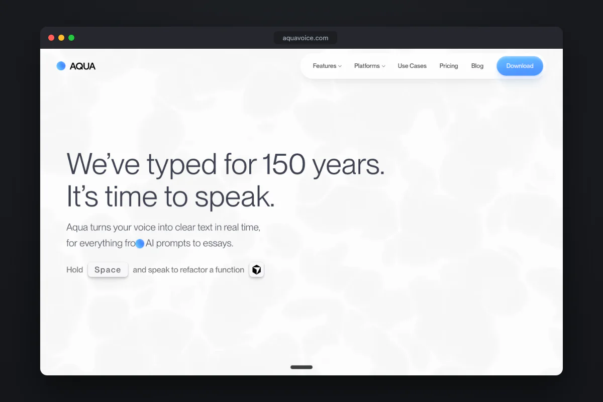 Aqua Voice's homepage: real-time AI dictation in the cloud, from $8 per month