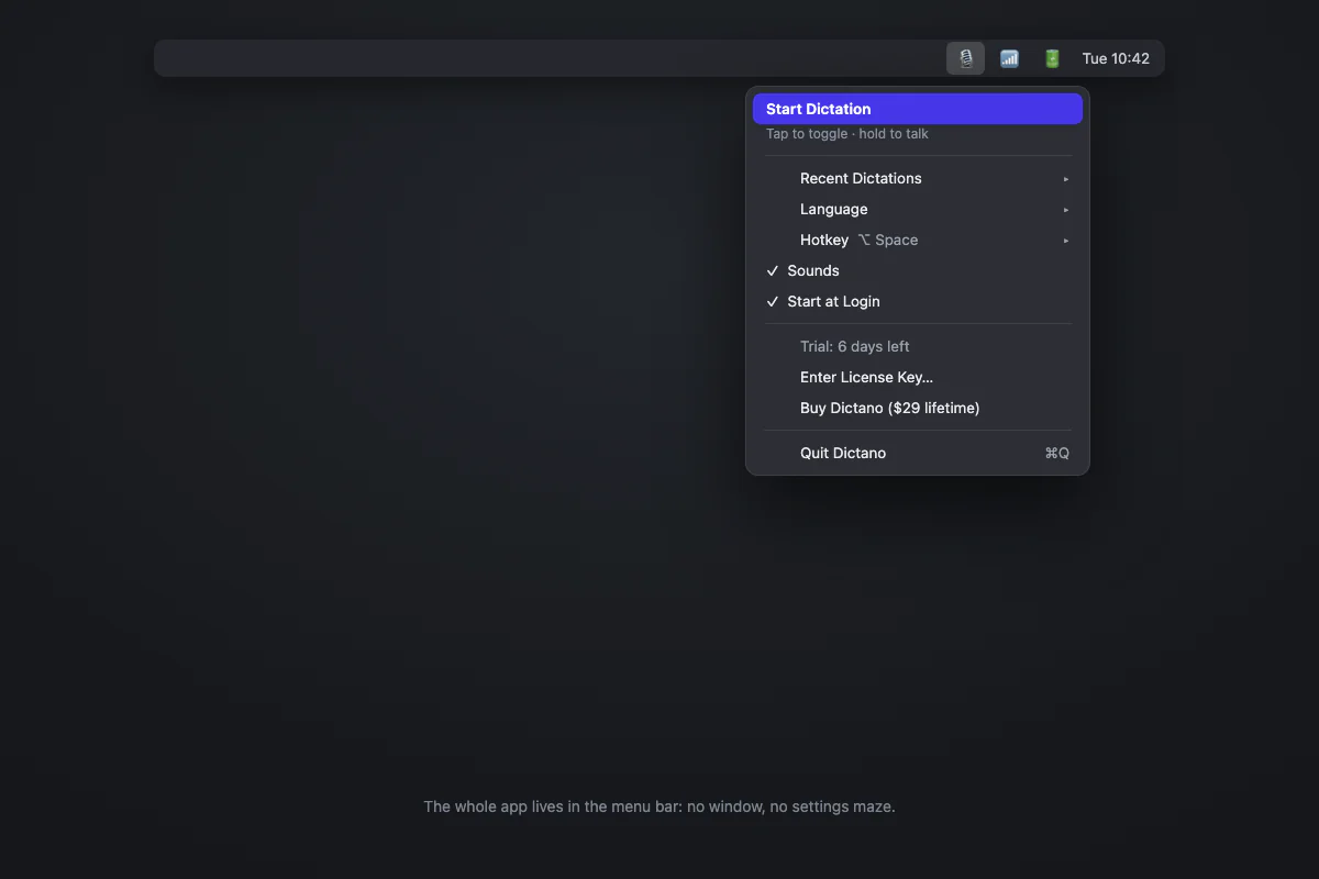 What you switch to: Dictano's entire interface in one menu bar menu, hotkey and history included