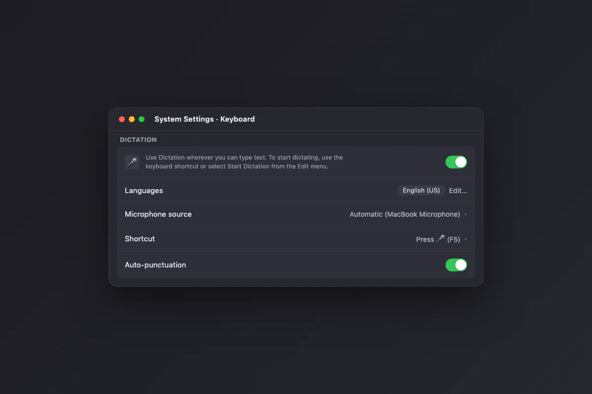 The Dictation section in macOS System Settings, where the built-in dictation is switched on