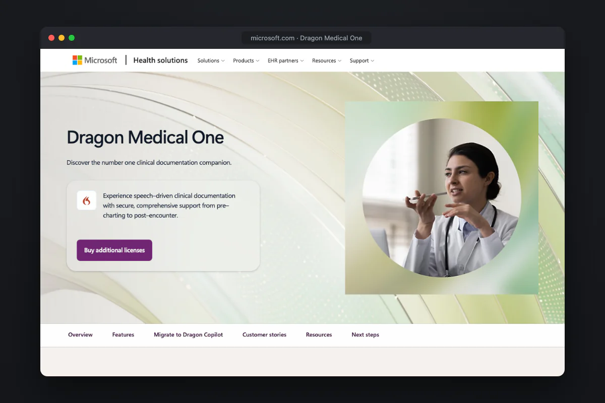 Microsoft's Dragon Medical One page, with 'Migrate to Dragon Copilot' in the navigation and no Mac version