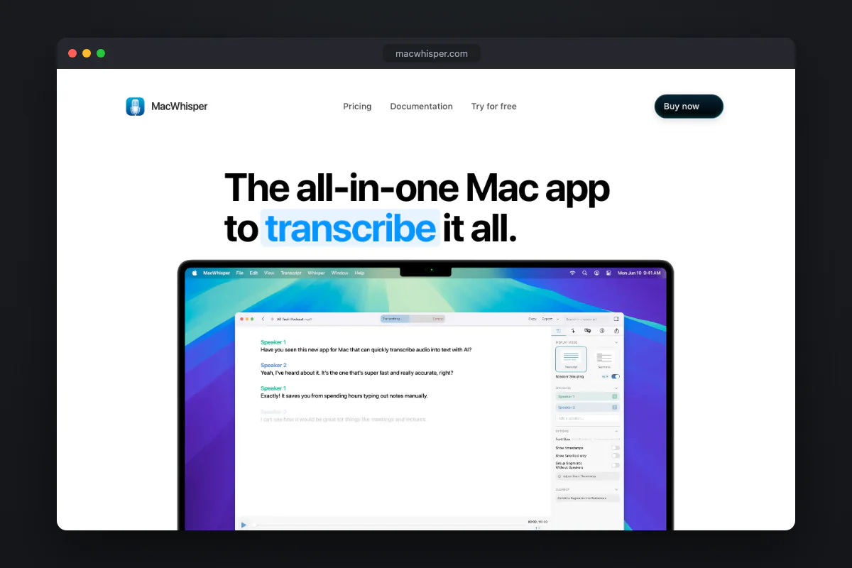MacWhisper's homepage: transcribe lectures, videos, podcasts and meetings on-device