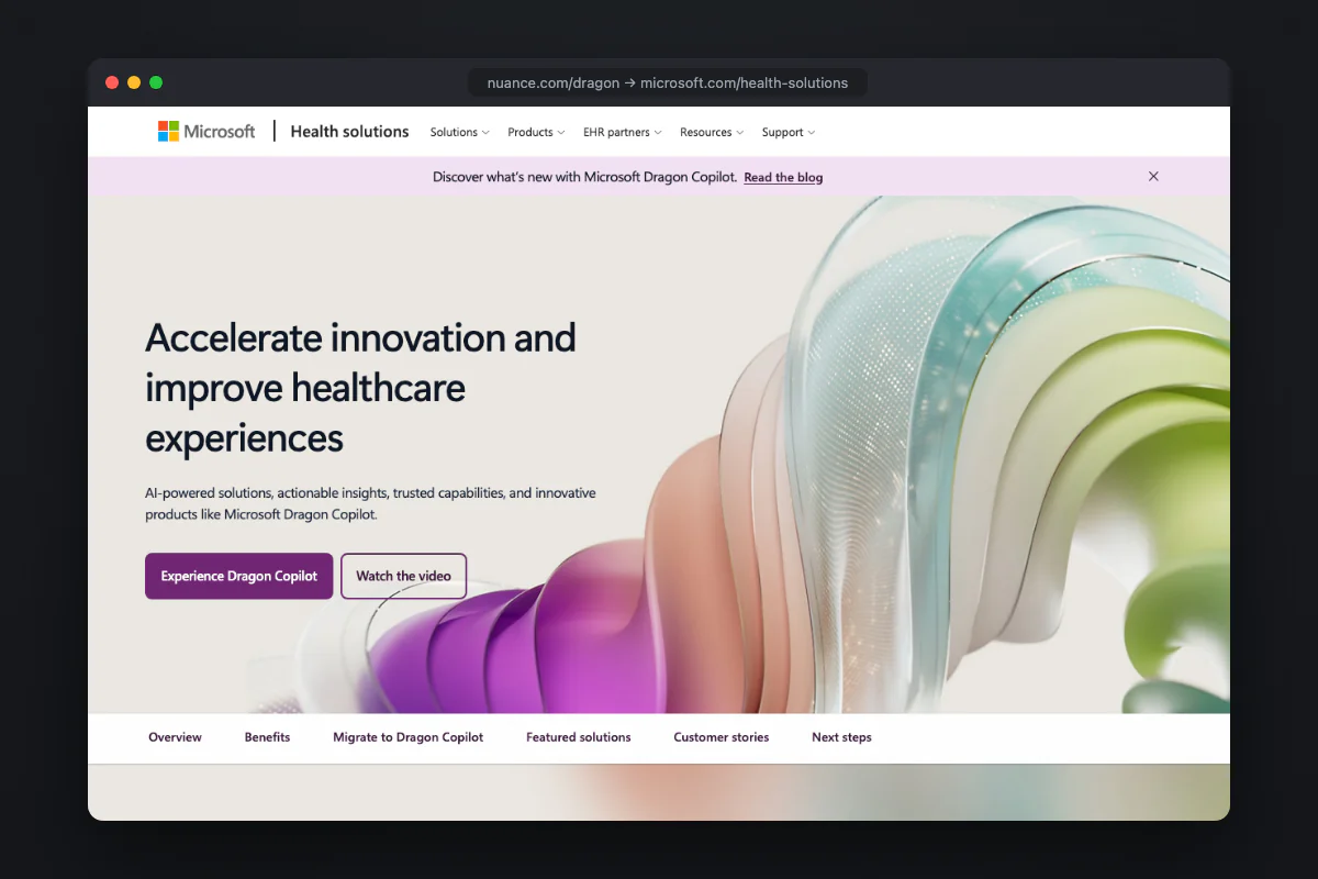 nuance.com/dragon in 2026: a redirect to Microsoft's health division, where Dragon Copilot is the product being sold