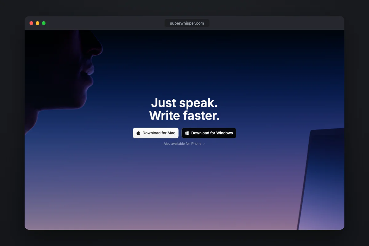 SuperWhisper's homepage with downloads for Mac, Windows and iOS