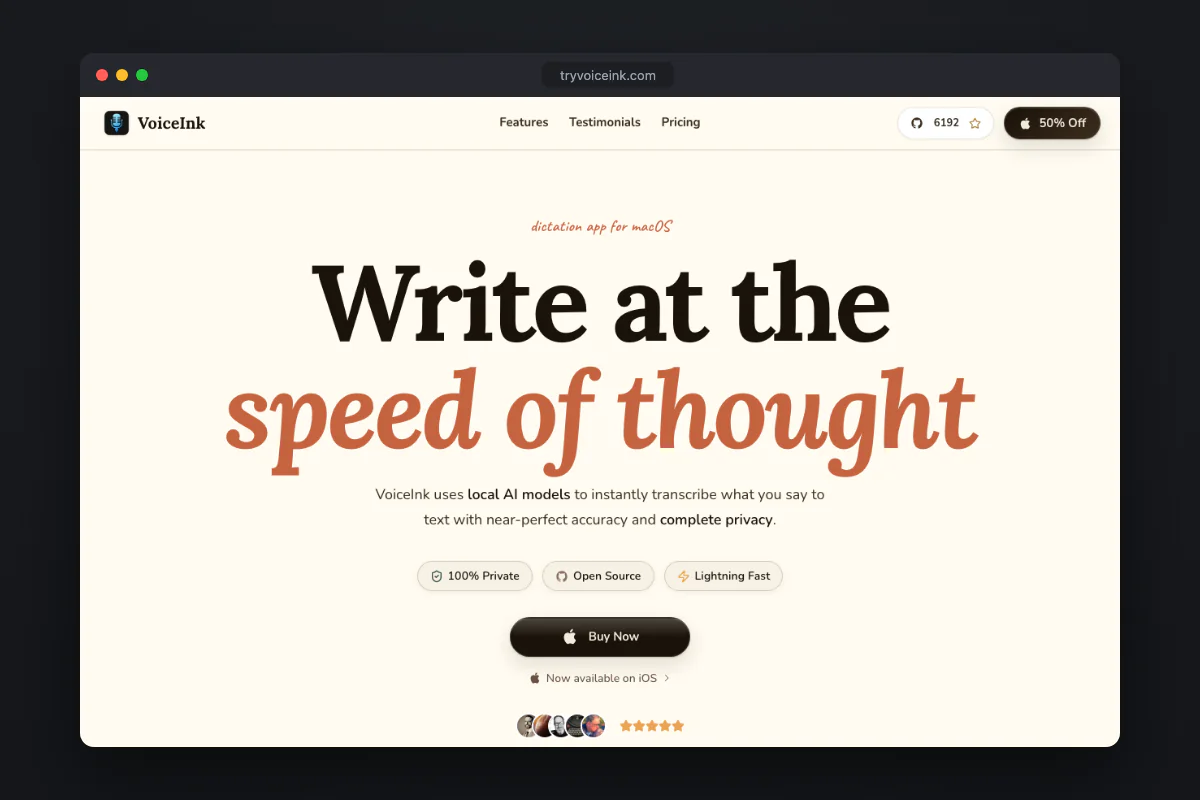 VoiceInk's homepage: open-source local dictation for macOS with lifetime licenses from $29
