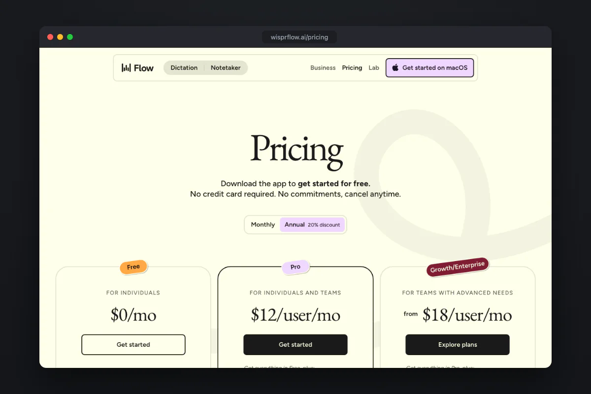 Die Preisseite von Wispr Flow: Gratis-Tarif für 0 $, Pro für 12 $ pro Nutzer und Monat bei jährlicher Zahlung, Growth/Enterprise ab 18 $